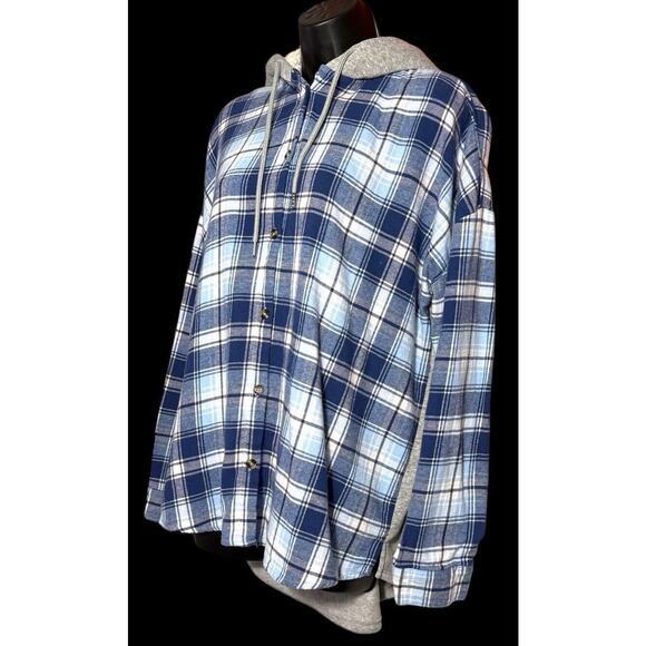 Flannel Faux Fur Hoodie Women Blue Plaid Button Up Long Sleeve Size XL (15-17) - Picture 4 of 10